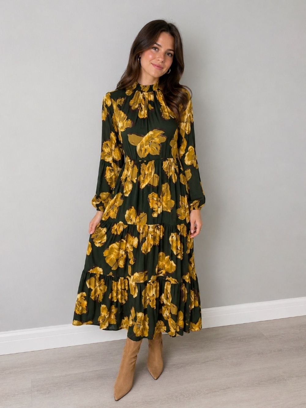 A new day Floral Long Sleeve Maxi Dress in Olive & Mustard XS - Picture 1 of 8